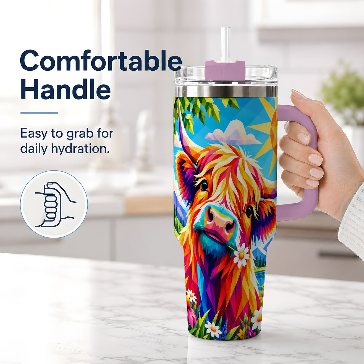 #pl[40oz|Pink] Colorful Highland Cow 40oz Tumbler, Alpine Floral Farm Animal Art