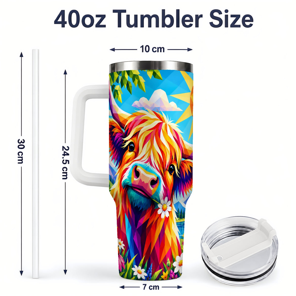 #pl[40oz|White] Colorful Highland Cow 40oz Tumbler, Alpine Floral Farm Animal Art