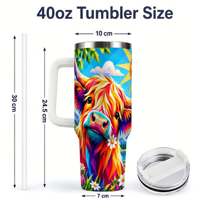 #pl[40oz|White] Colorful Highland Cow 40oz Tumbler, Alpine Floral Farm Animal Art
