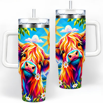 Colorful Highland Cow 40oz Tumbler, Alpine Floral Farm Animal Art