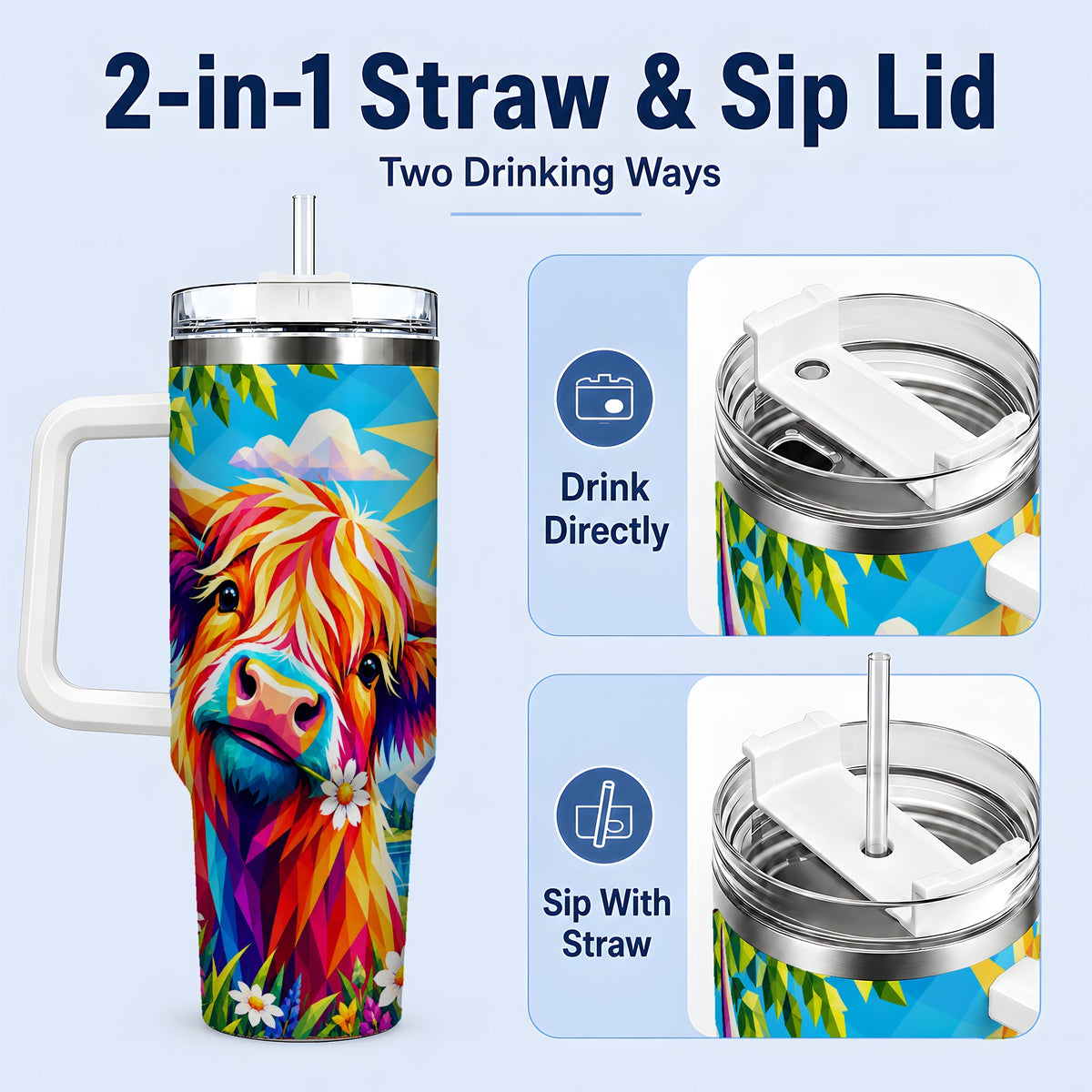 #pl[40oz|White] Colorful Highland Cow 40oz Tumbler, Alpine Floral Farm Animal Art