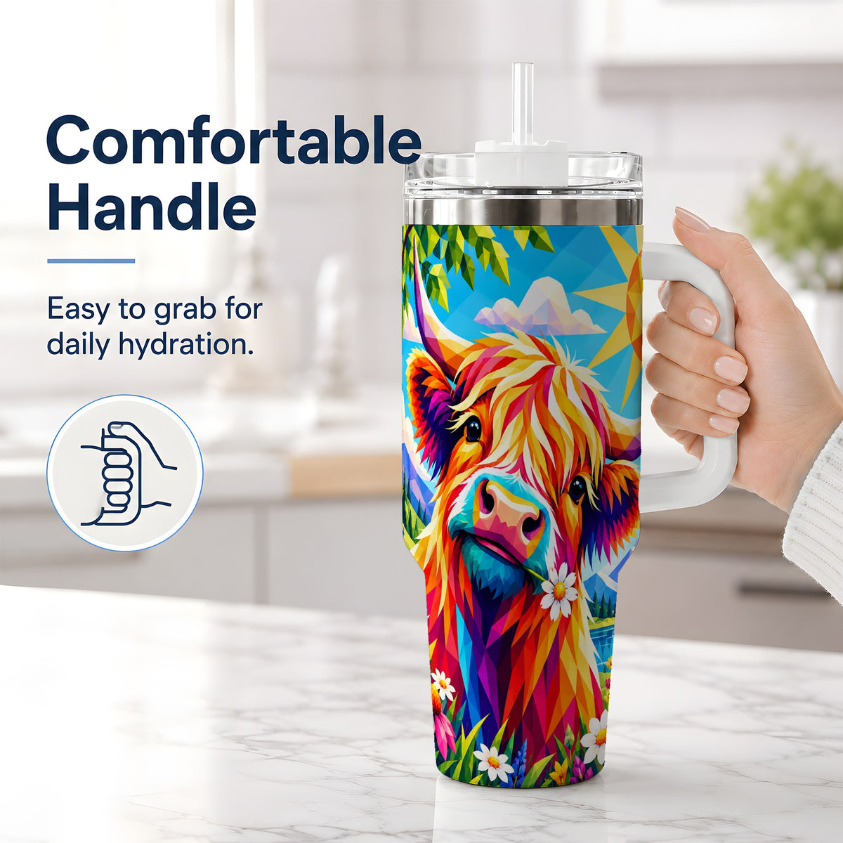 #pl[40oz|White] Colorful Highland Cow 40oz Tumbler, Alpine Floral Farm Animal Art