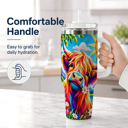 #pl[40oz|White] Colorful Highland Cow 40oz Tumbler, Alpine Floral Farm Animal Art