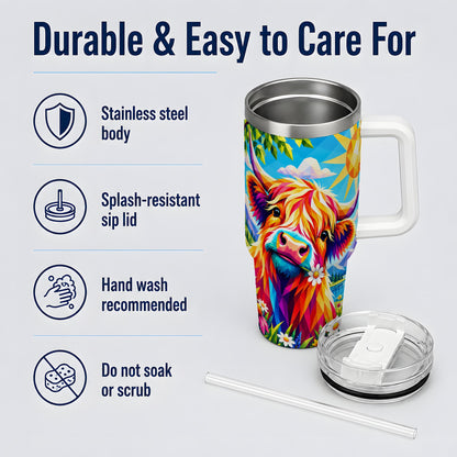 Colorful Highland Cow 40oz Tumbler, Alpine Floral Farm Animal Art
