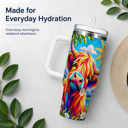 Colorful Highland Cow 40oz Tumbler, Alpine Floral Farm Animal Art