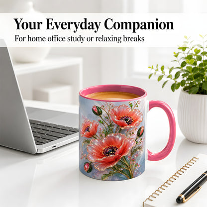 #pl[11oz|Pink] Coral Poppy Ceramic Mug, Sparkling Floral Botanical Art