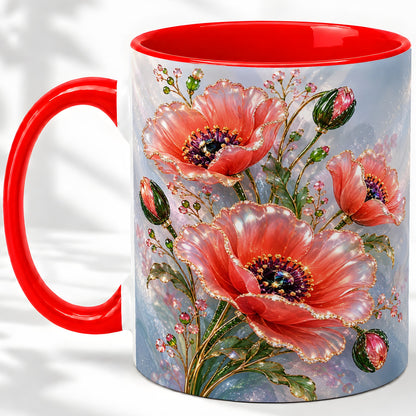 Coral Poppy Ceramic Mug, Sparkling Floral Botanical Art