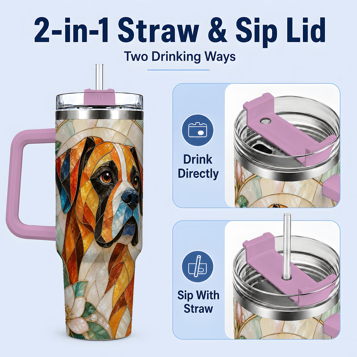 #pl[40oz|Pink] Boxer Dog 40oz Tumbler, Floral Stained Glass Style Pet Artwork