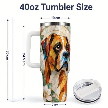 #pl[40oz|White] Boxer Dog 40oz Tumbler, Floral Stained Glass Style Pet Artwork