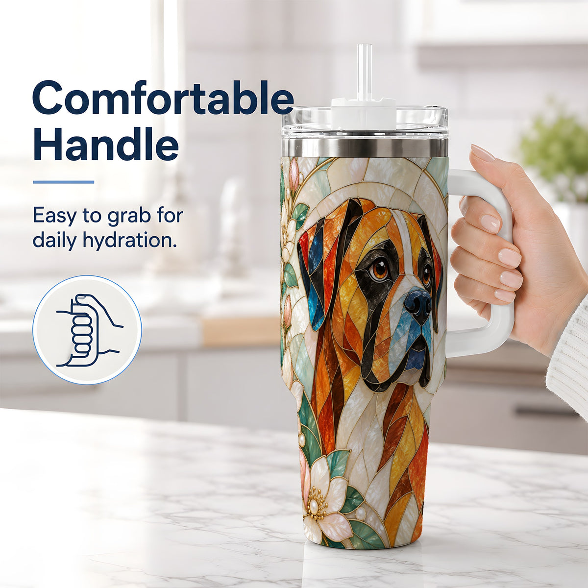 #pl[40oz|White] Boxer Dog 40oz Tumbler, Floral Stained Glass Style Pet Artwork