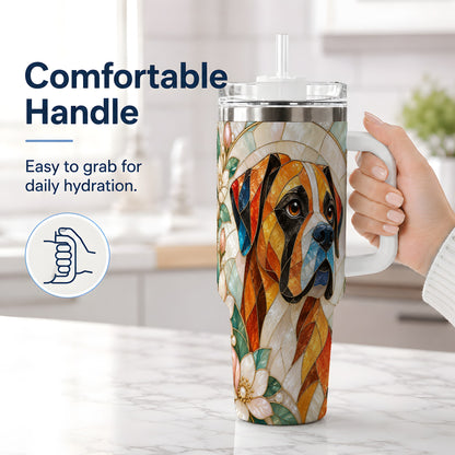#pl[40oz|White] Boxer Dog 40oz Tumbler, Floral Stained Glass Style Pet Artwork