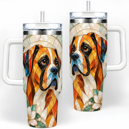 Boxer Dog 40oz Tumbler, Floral Stained Glass Style Pet Artwork
