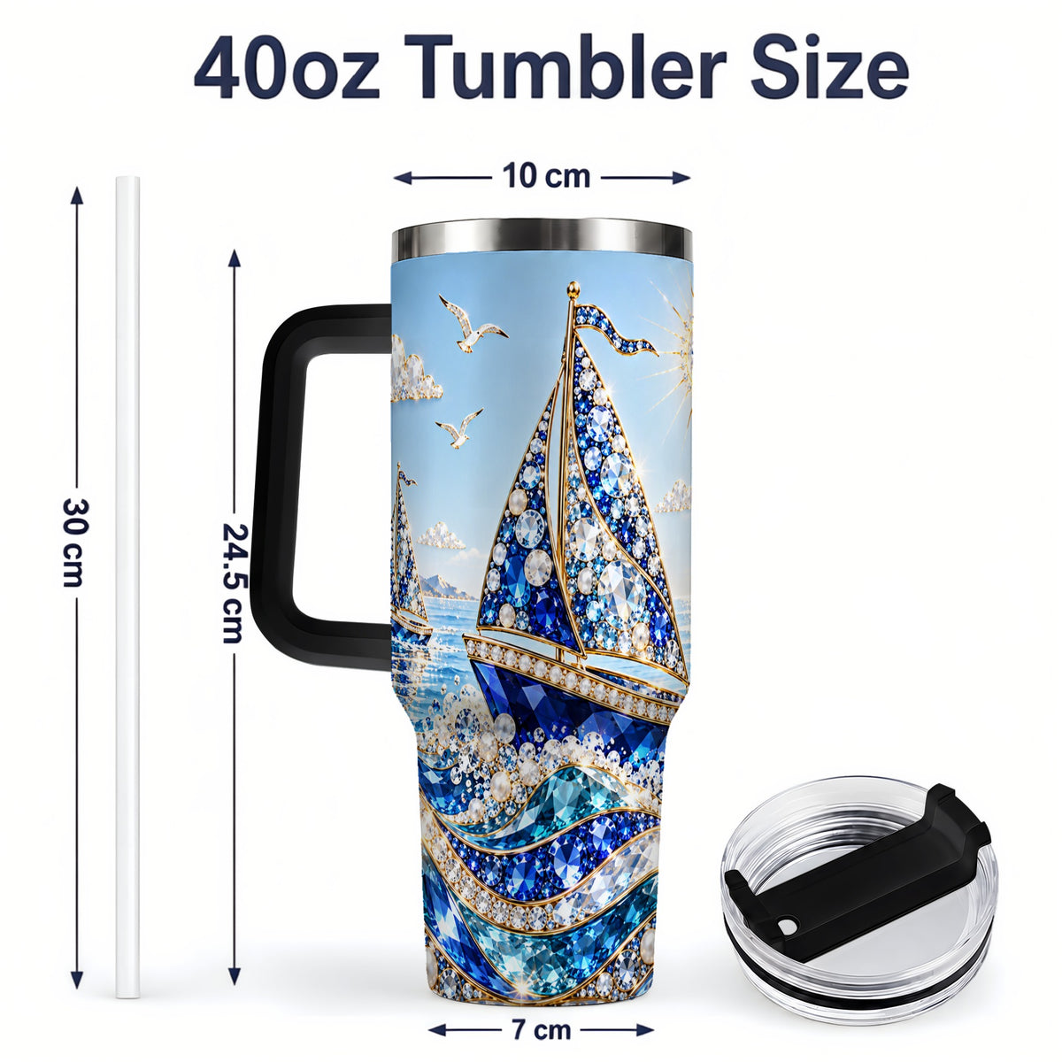 #pl[40oz|Black] Blue Sailboat 40oz Tumbler, Sparkling Ocean Sailing Design