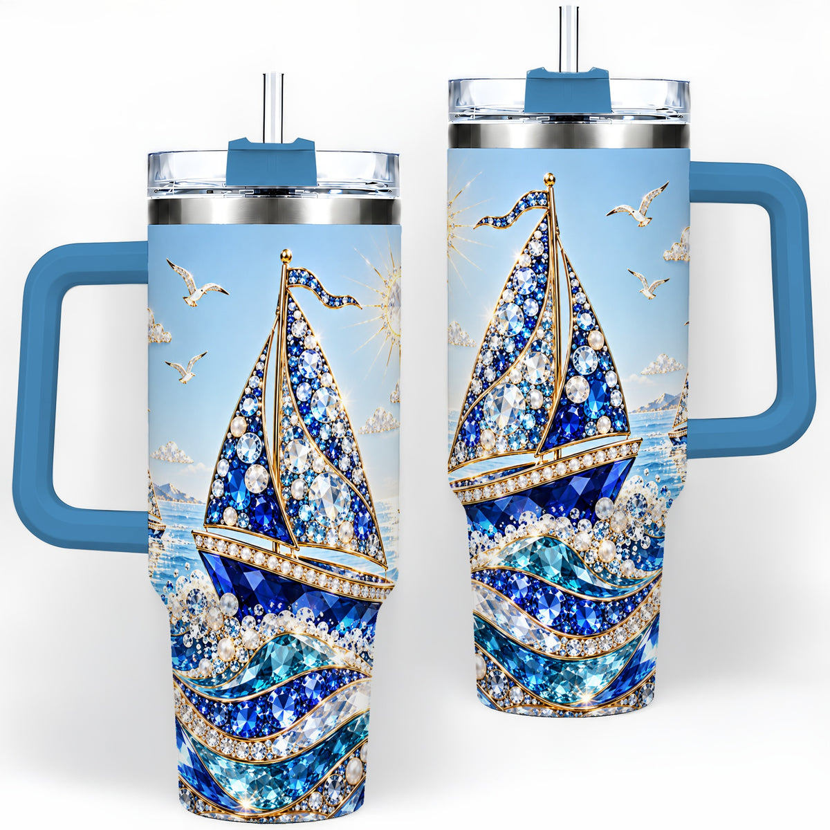 #pl[40oz|Blue] Blue Sailboat 40oz Tumbler, Sparkling Ocean Sailing Design