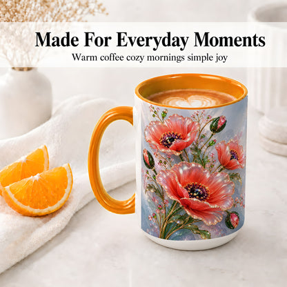 #pl[15oz|Orange] Coral Poppy Ceramic Mug, Sparkling Floral Botanical Art