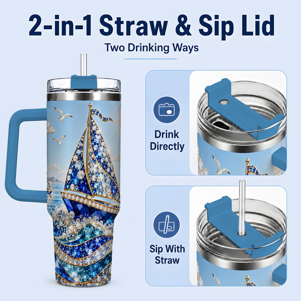 #pl[40oz|Blue] Blue Sailboat 40oz Tumbler, Sparkling Ocean Sailing Design