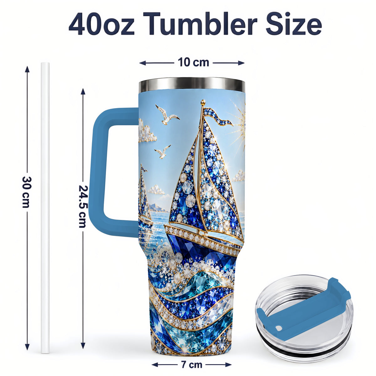 #pl[40oz|Blue] Blue Sailboat 40oz Tumbler, Sparkling Ocean Sailing Design