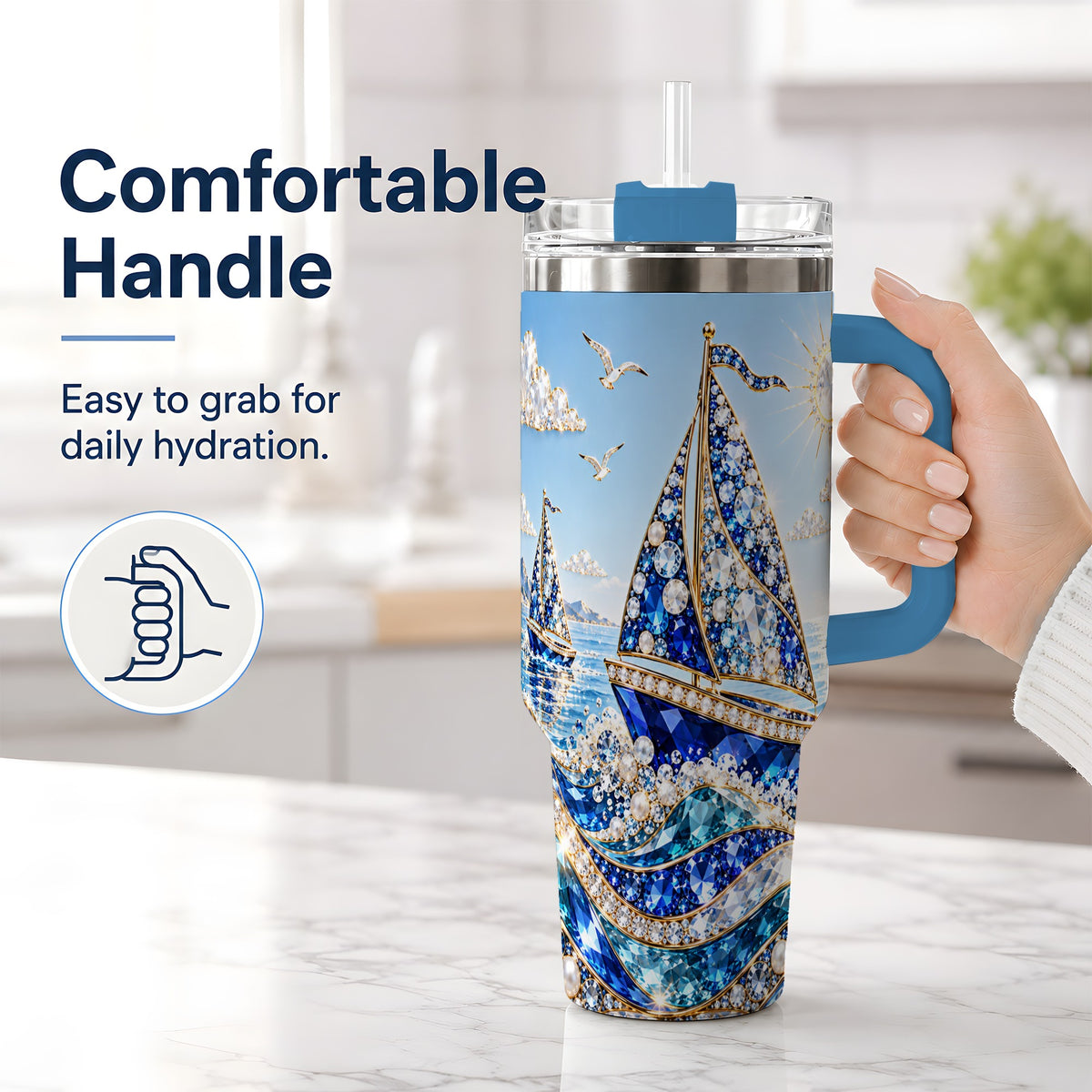 #pl[40oz|Blue] Blue Sailboat 40oz Tumbler, Sparkling Ocean Sailing Design
