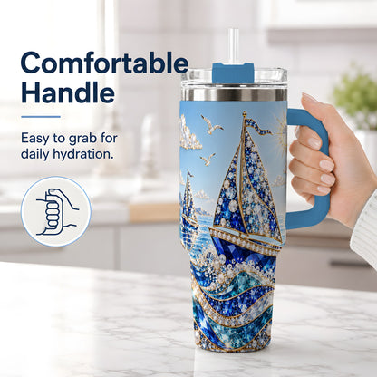 #pl[40oz|Blue] Blue Sailboat 40oz Tumbler, Sparkling Ocean Sailing Design
