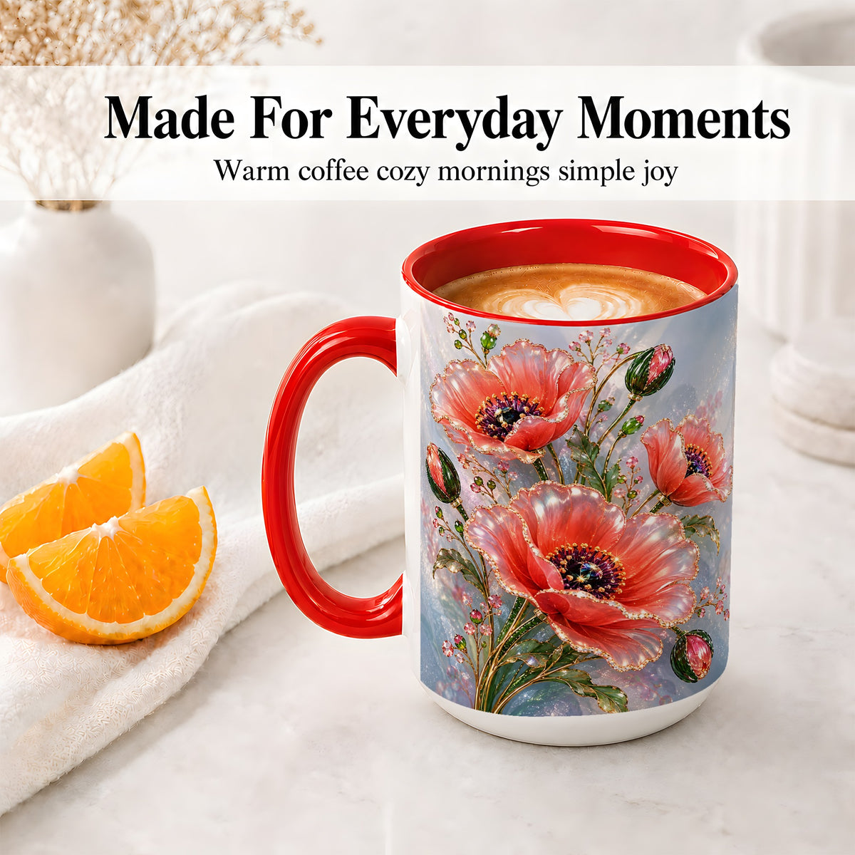 #pl[15oz|Red] Coral Poppy Ceramic Mug, Sparkling Floral Botanical Art