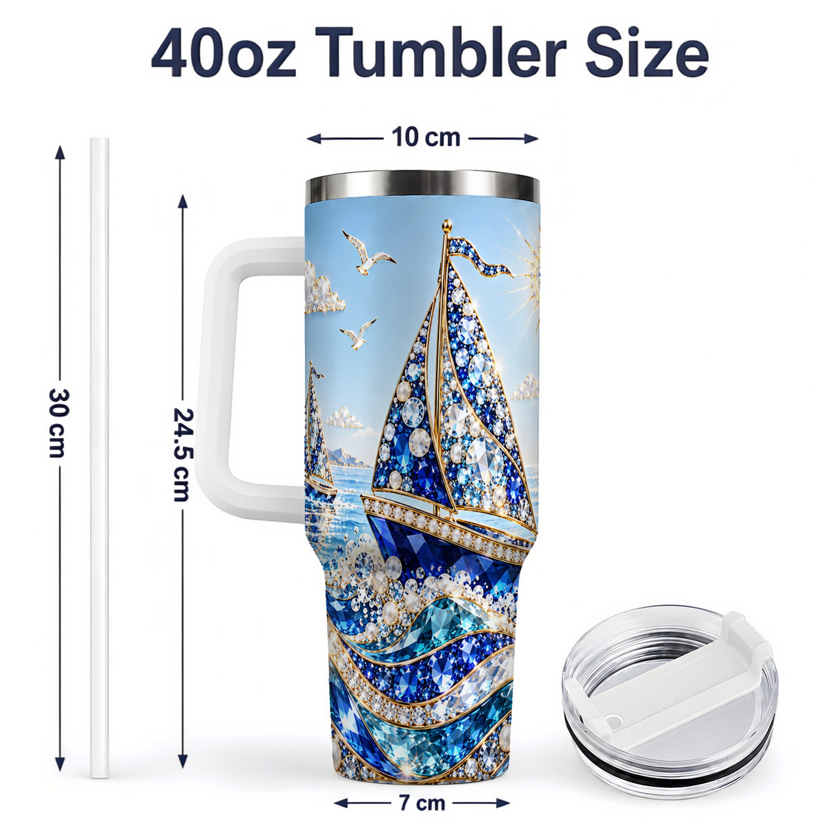 #pl[40oz|White] Blue Sailboat 40oz Tumbler, Sparkling Ocean Sailing Design