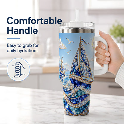 #pl[40oz|White] Blue Sailboat 40oz Tumbler, Sparkling Ocean Sailing Design