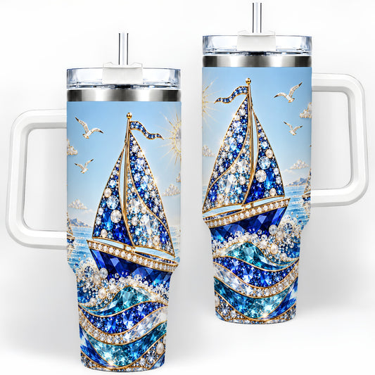 Blue Sailboat 40oz Tumbler, Sparkling Ocean Sailing Design