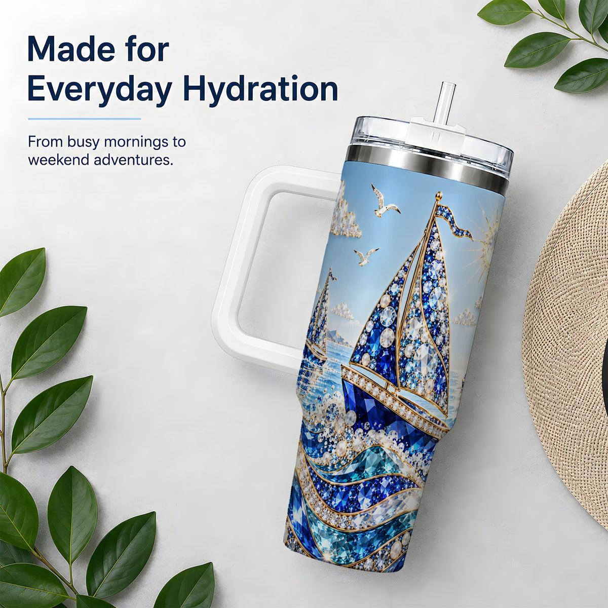Blue Sailboat 40oz Tumbler, Sparkling Ocean Sailing Design