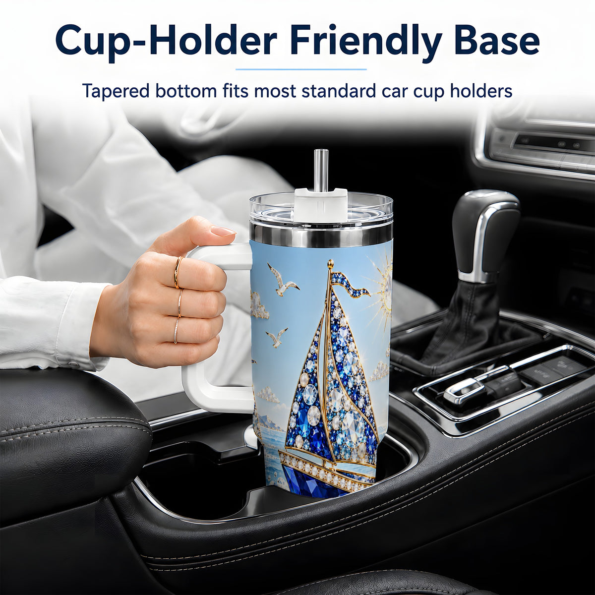Blue Sailboat 40oz Tumbler, Sparkling Ocean Sailing Design