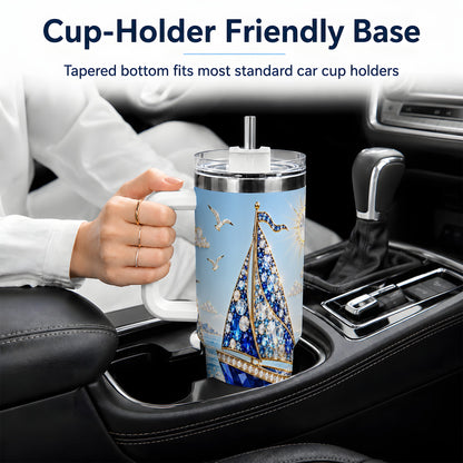 Blue Sailboat 40oz Tumbler, Sparkling Ocean Sailing Design