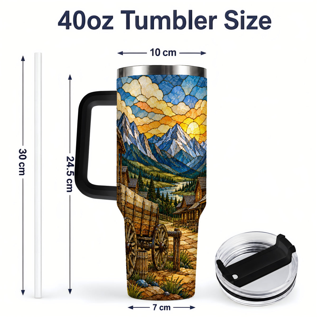 #pl[40oz|Black] Western Wagon 40oz Tumbler, Rustic Frontier Mountain Scene