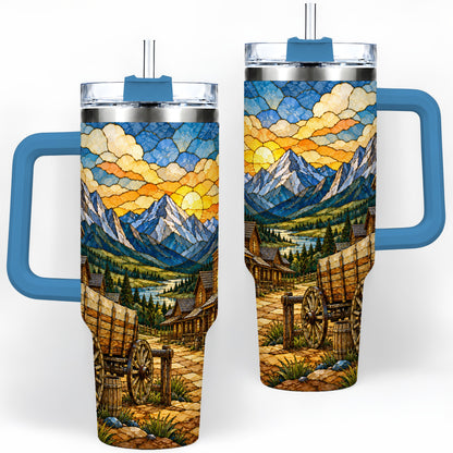 #pl[40oz|Blue] Western Wagon 40oz Tumbler, Rustic Frontier Mountain Scene