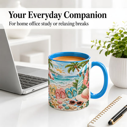 #pl[11oz|Blue] Tropical Beach Ceramic Mug, Surfboards and Flip Flops Art