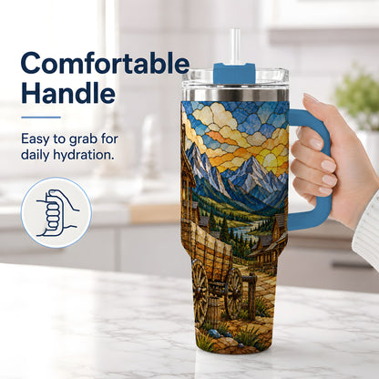 #pl[40oz|Blue] Western Wagon 40oz Tumbler, Rustic Frontier Mountain Scene