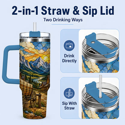 #pl[40oz|Blue] Western Wagon 40oz Tumbler, Rustic Frontier Mountain Scene