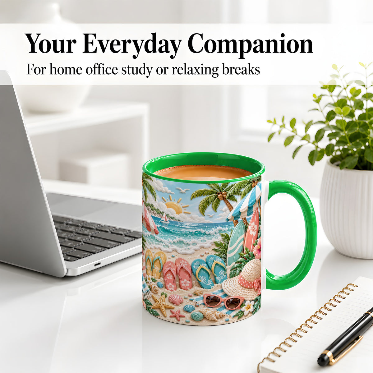 #pl[11oz|Green] Tropical Beach Ceramic Mug, Surfboards and Flip Flops Art