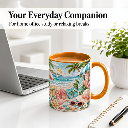 #pl[11oz|Orange] Tropical Beach Ceramic Mug, Surfboards and Flip Flops Art