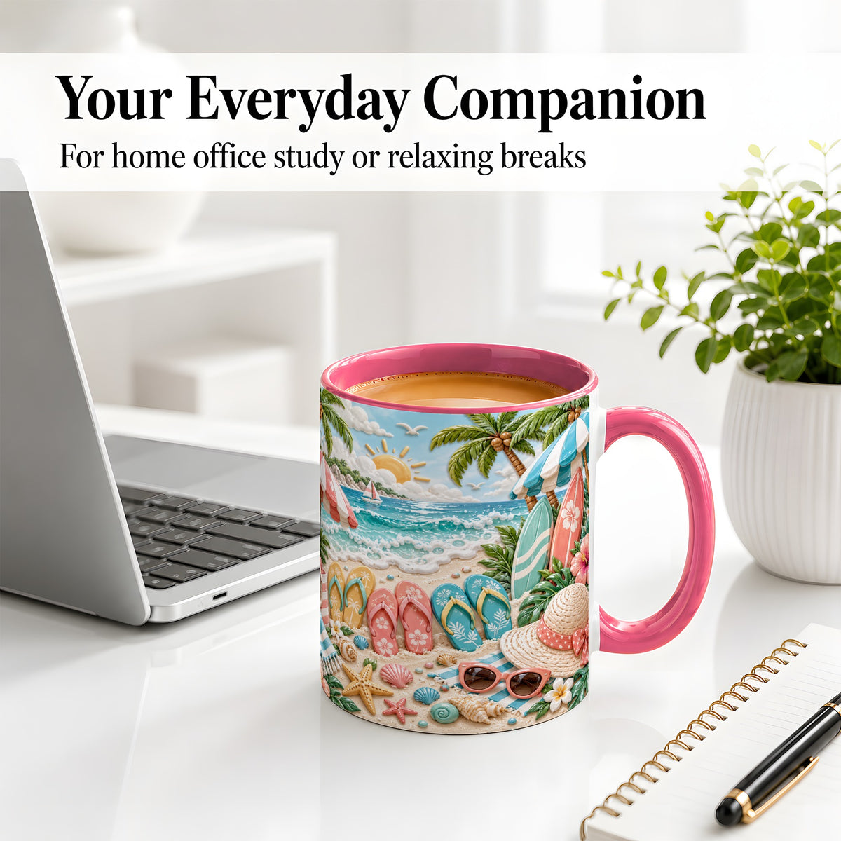 #pl[11oz|Pink] Tropical Beach Ceramic Mug, Surfboards and Flip Flops Art