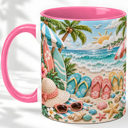 #pl[11oz|Pink] Tropical Beach Ceramic Mug, Surfboards and Flip Flops Art