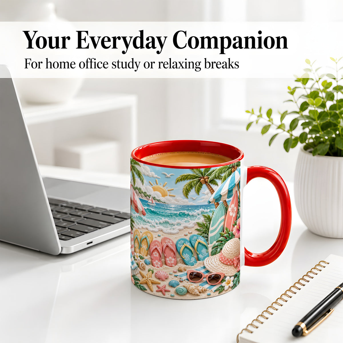 #pl[11oz|Red] Tropical Beach Ceramic Mug, Surfboards and Flip Flops Art