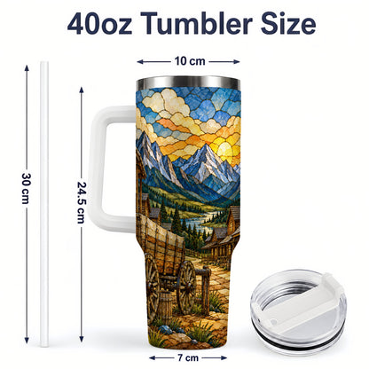 #pl[40oz|White] Western Wagon 40oz Tumbler, Rustic Frontier Mountain Scene