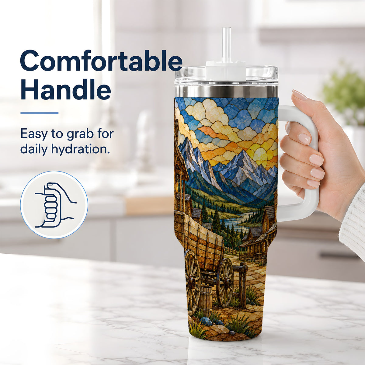 #pl[40oz|White] Western Wagon 40oz Tumbler, Rustic Frontier Mountain Scene