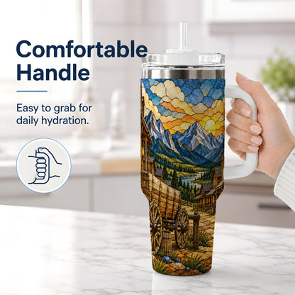 #pl[40oz|White] Western Wagon 40oz Tumbler, Rustic Frontier Mountain Scene