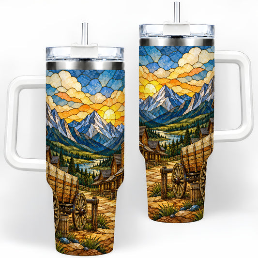 Western Wagon 40oz Tumbler, Rustic Frontier Mountain Scene