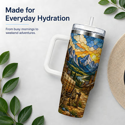 Western Wagon 40oz Tumbler, Rustic Frontier Mountain Scene