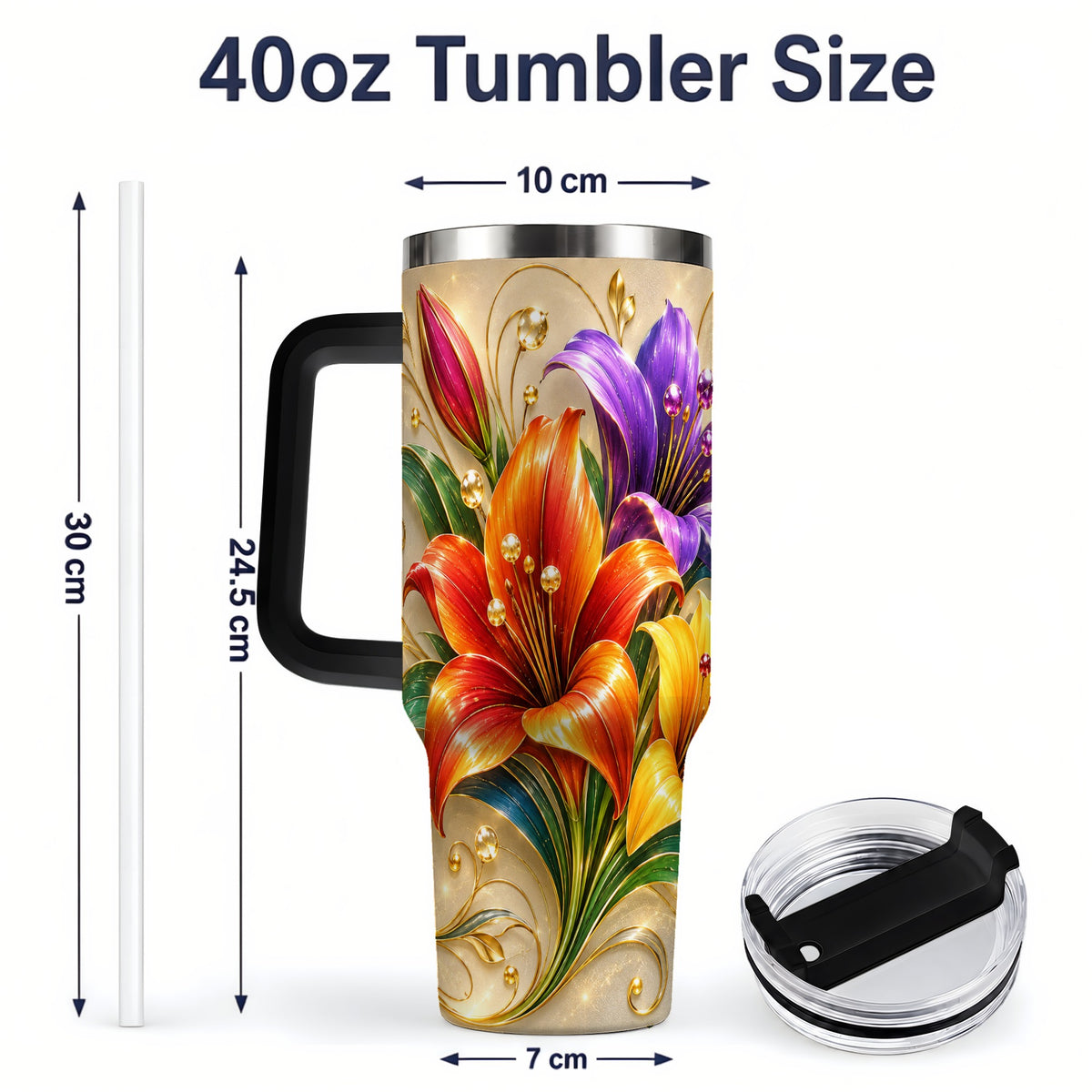 #pl[40oz|Black] Colorful Lily 40oz Tumbler, Botanical Floral Design with Gold Accents