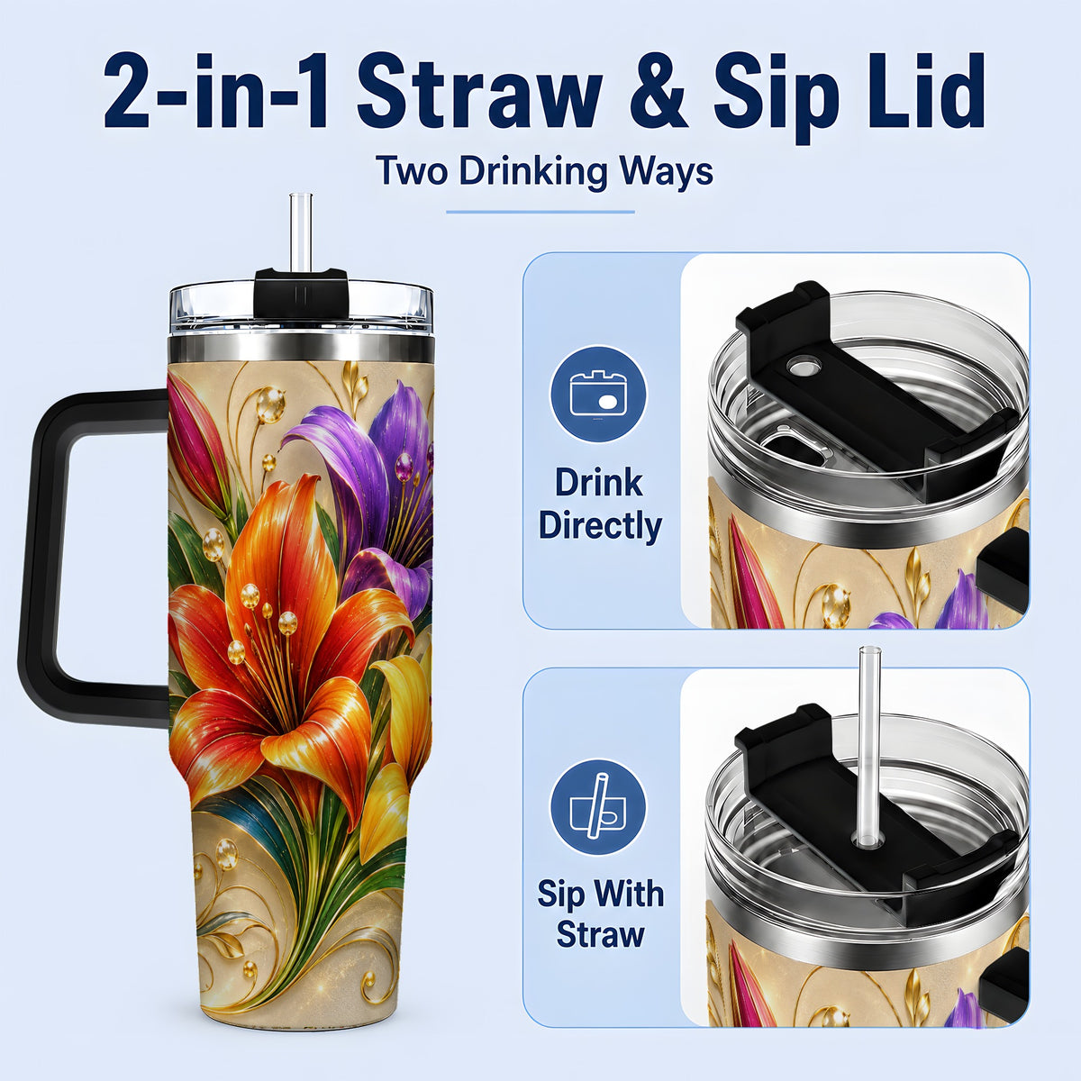 #pl[40oz|Black] Colorful Lily 40oz Tumbler, Botanical Floral Design with Gold Accents
