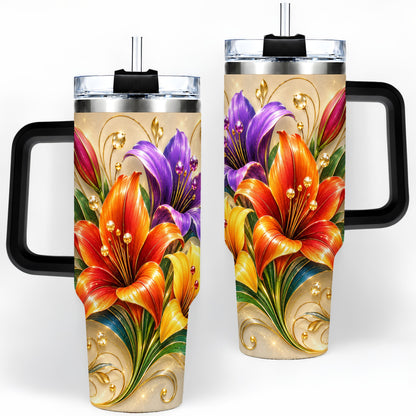 #pl[40oz|Black] Colorful Lily 40oz Tumbler, Botanical Floral Design with Gold Accents