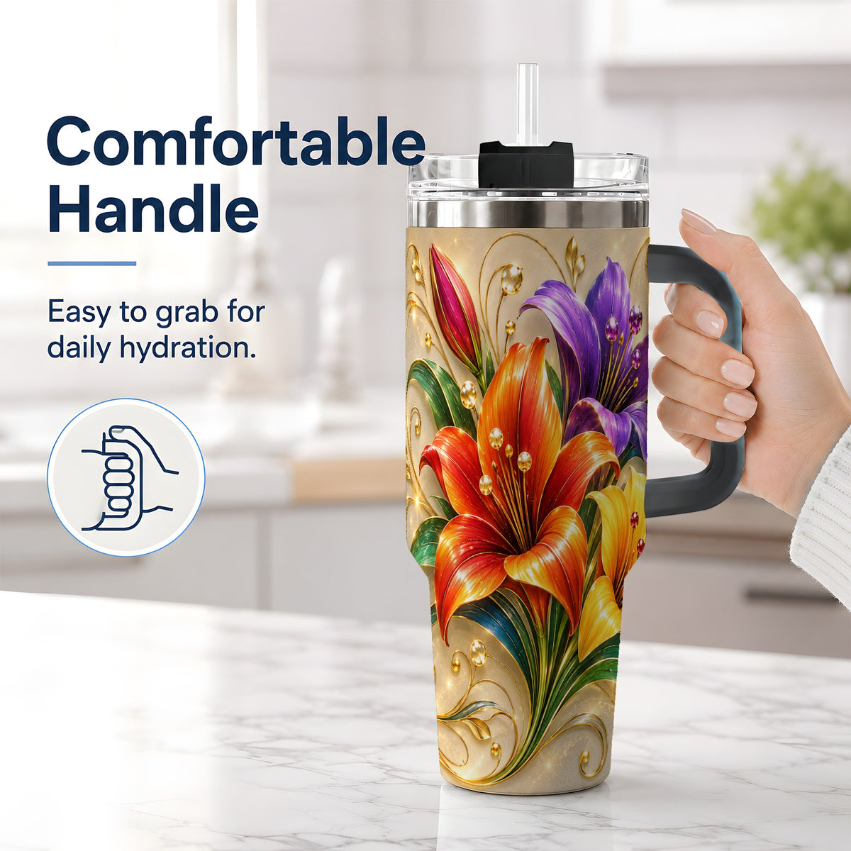 #pl[40oz|Black] Colorful Lily 40oz Tumbler, Botanical Floral Design with Gold Accents