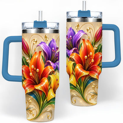 #pl[40oz|Blue] Colorful Lily 40oz Tumbler, Botanical Floral Design with Gold Accents